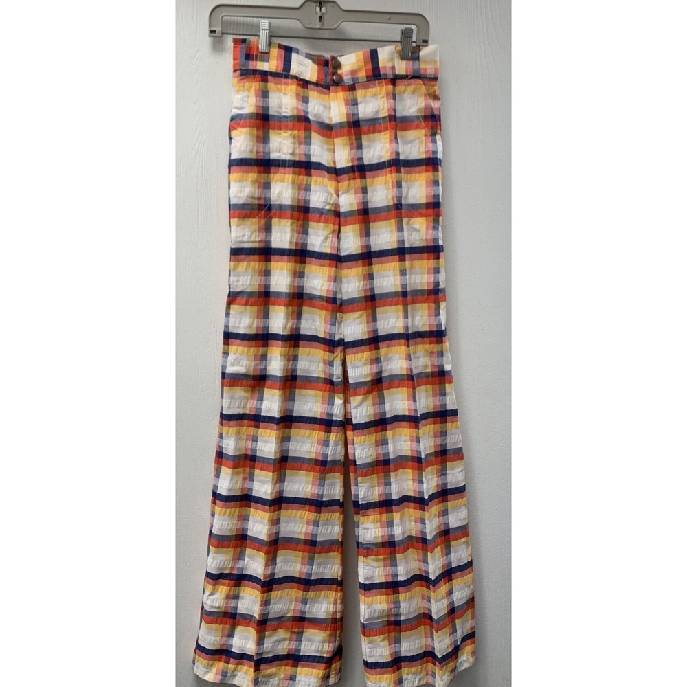 70's Vintage White/Yellow/Red/Blue Seersucker Plaid Hippie Bell Bottom Pants NWT